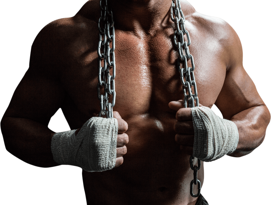 Transparent Muscular Torso Holding Chain in Dark Light