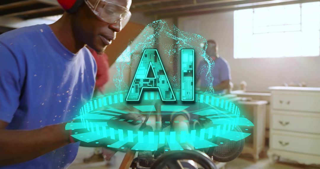 Carpenter Using Planer with Futuristic AI Hologram Overlay Conveying Smart Craftsmanship