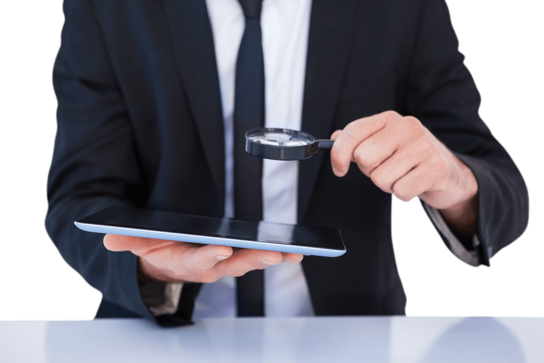 Businessman Analyzing Tablet Screen with Magnifying Glass on Transparent Background