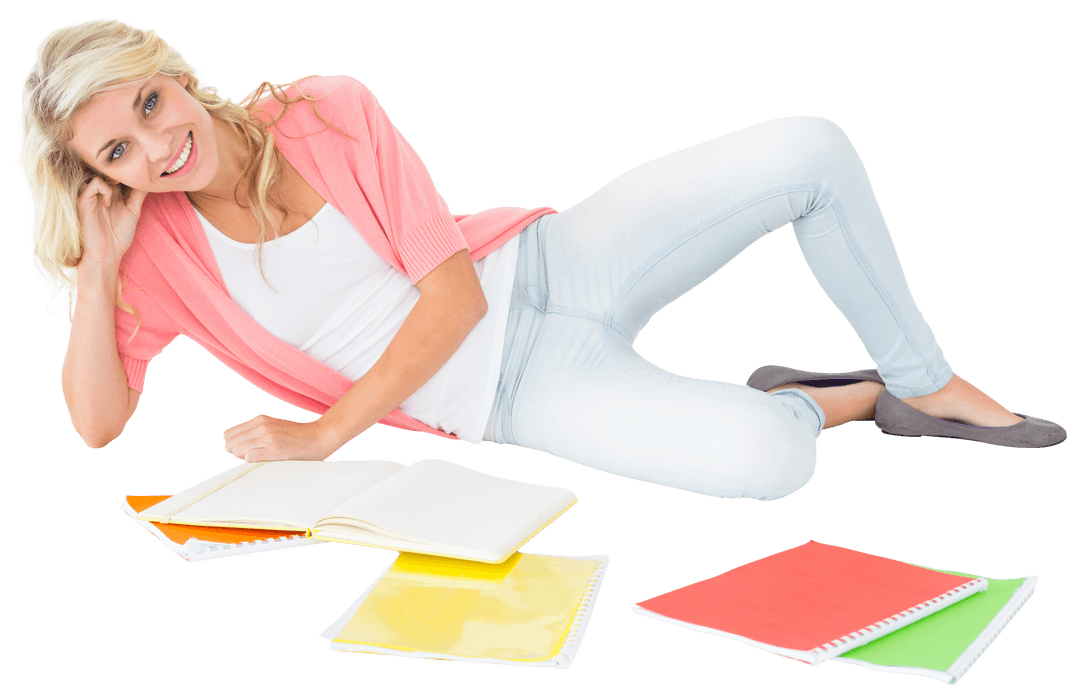 Happy Caucasian Woman Studying with Notebooks on Transparent Background