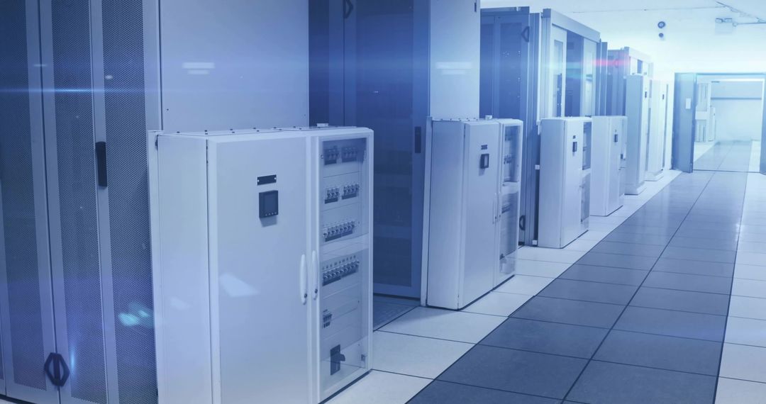 Modern Data Center with White Server Cabinets and Breaker Panels