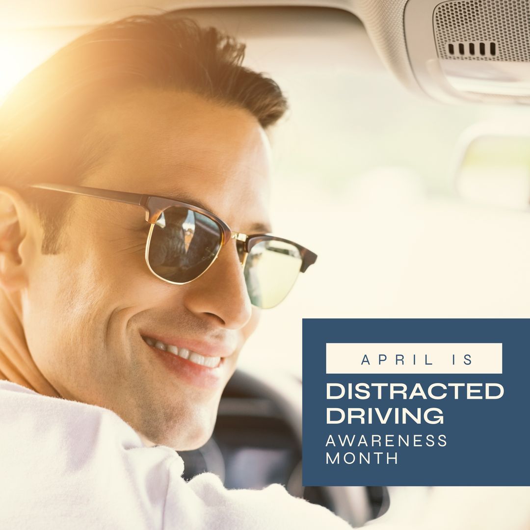 April Distracted Driving Awareness Month with Smiling Man Driving Car - Download Free Stock Templates Pikwizard.com