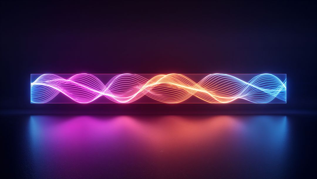 Glowing Neon Wave Panel Casting Colorful Reflections on Glossy Floor Minimalist Futuristic Light Art