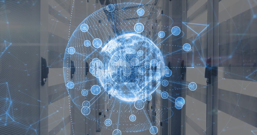 Floating Hologram Globe with Network Icons in Data Center