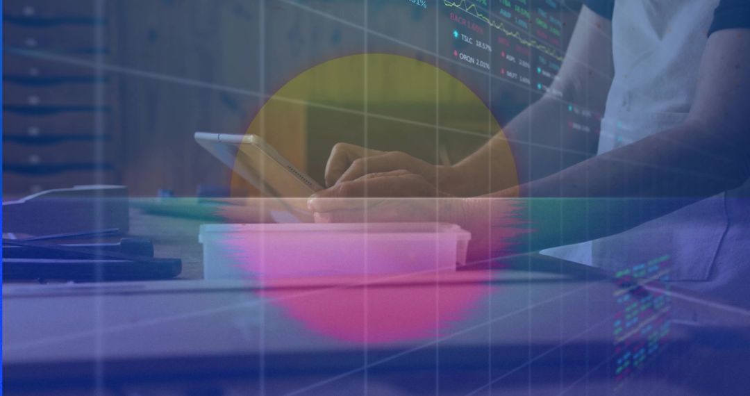 Scrolling hands tapping smartphone overlaid with financial charts and neon gradient