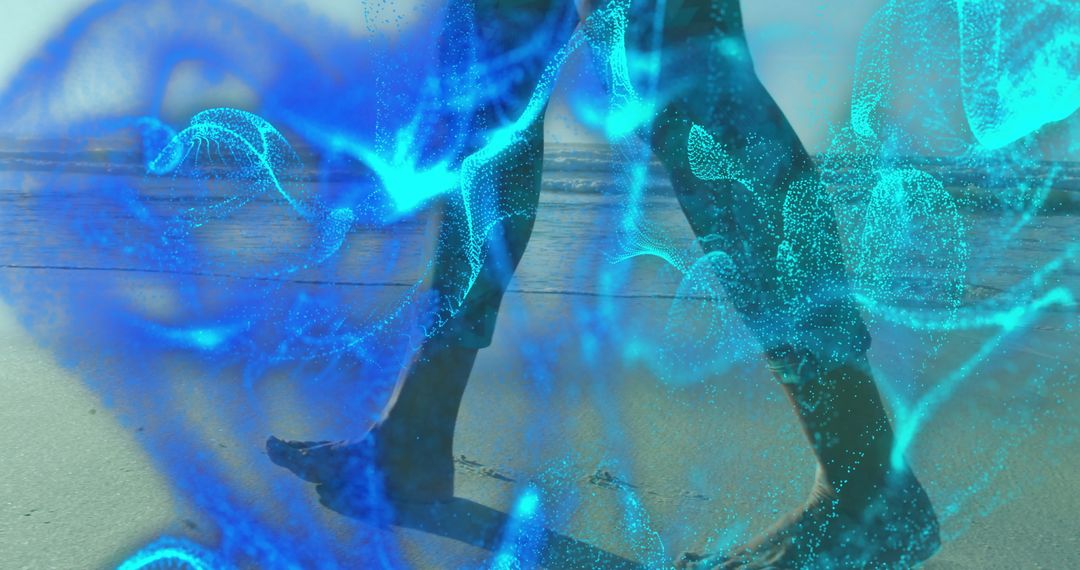 Couple Walks by Ocean with Futuristic Blue Swirl Overlay