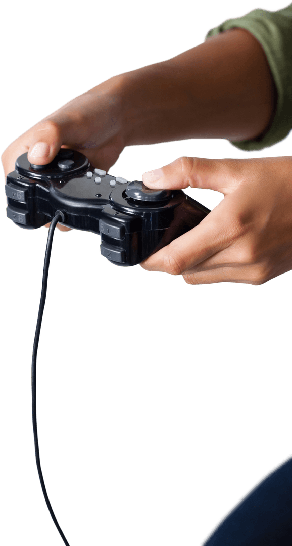 Close-Up of Hands Gaming with Vintage Transparent Wired Controller