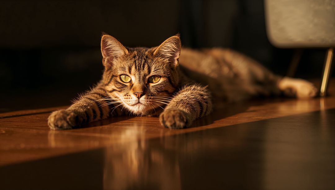 Tabby Cat Stretching in Sunlight on Wooden Floor with Warm Reflection