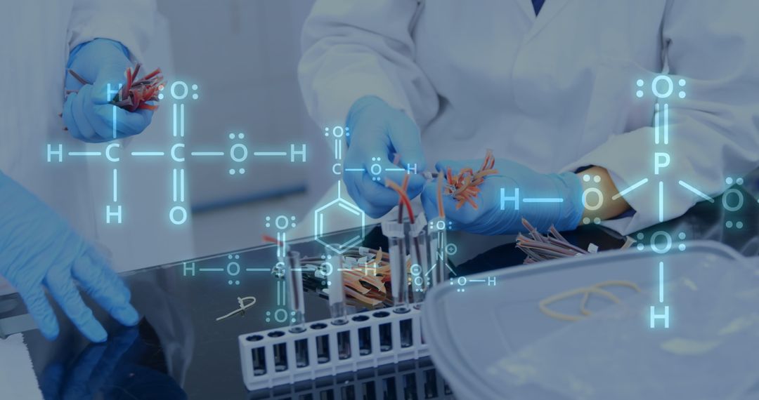Scientists Analyzing Samples with Chemical Formula Overlay