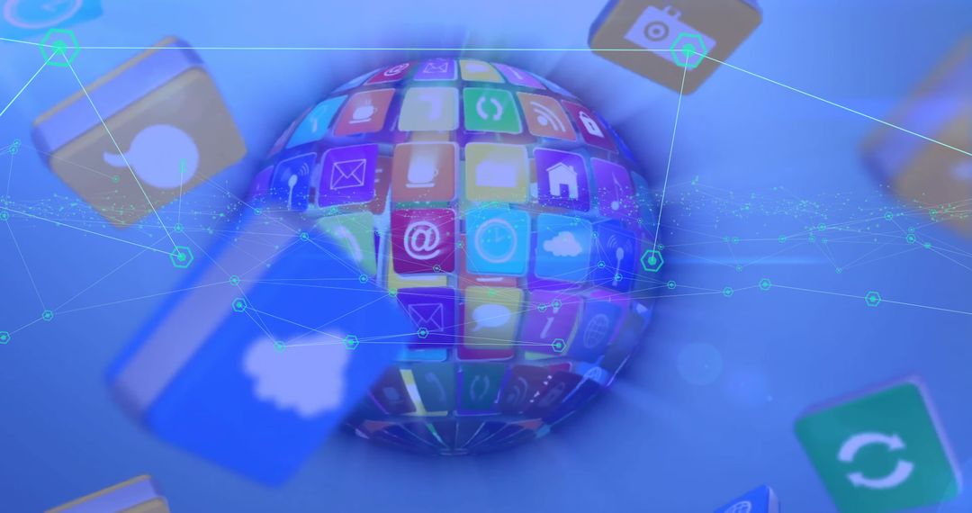 Digital Globe with App Icons and Network Over Blue Background