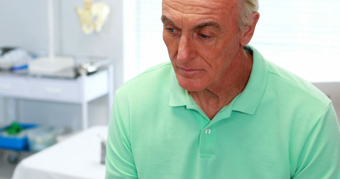 Elderly man in green shirt sitting in medical clinic - Free Images, Stock Photos and Pictures on Pikwizard.com