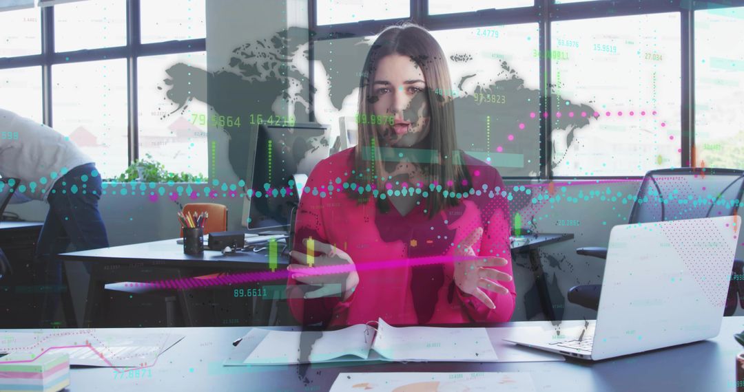 Businesswoman Analyzing Data with Global Overlay in Modern Office