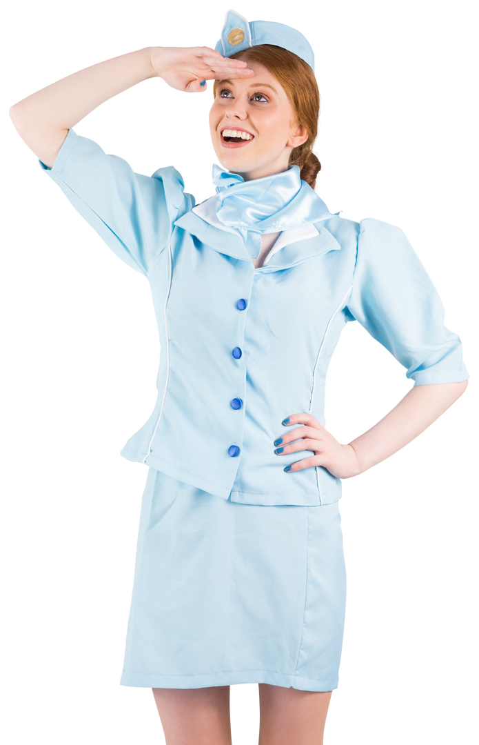 Smiling Air Hostess in Uniform Holding Hand to Forehead - Transparent Background - Download Free Stock Images Pikwizard.com