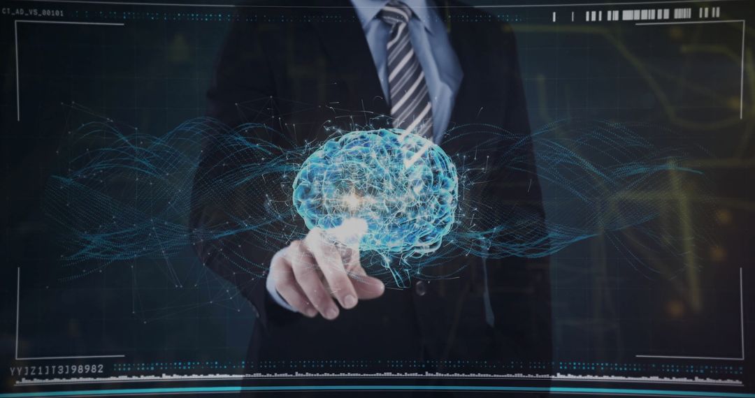 Business Executive Interacting with Brain Network Hologram