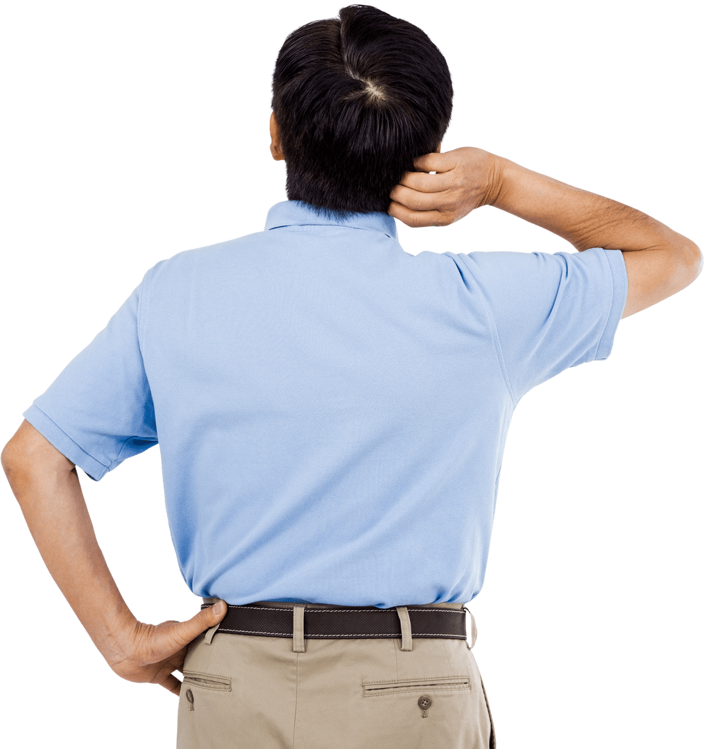 Rear View of Confused Man Scratching Head in Clear Shirt