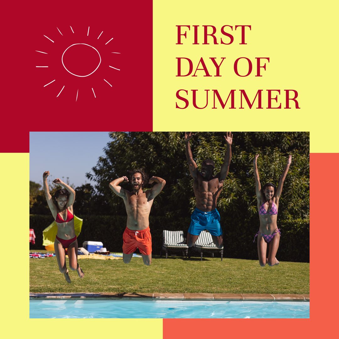 Mixed Friends Jumping into Pool Celebrating Start of Summer