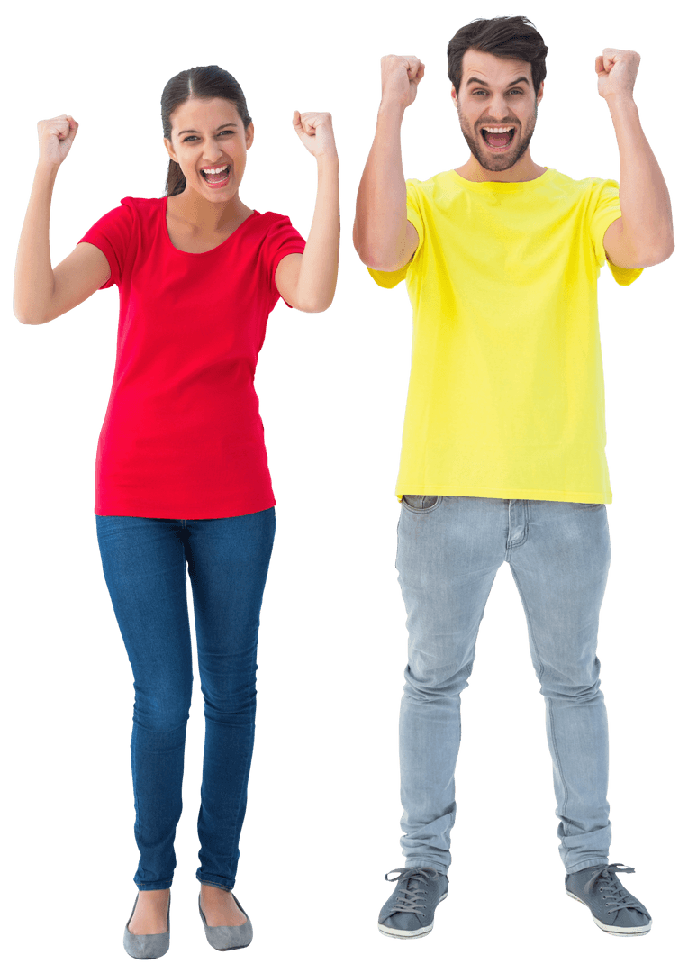 Transparent Excited Couple Cheering in Colorful T-Shirts