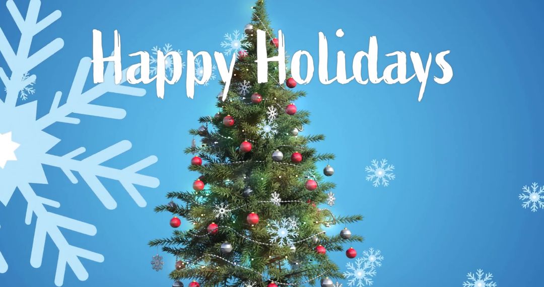 Festive Christmas Tree with Falling Snow and Happy Holidays Text