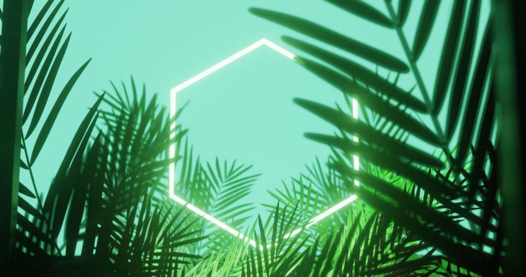 Neon Hexagon Surrounded by Vibrant Leaves on Blue Background