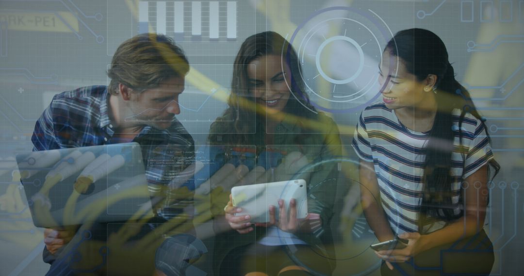 Diverse Group of Friends Using Technology with Data Overlay