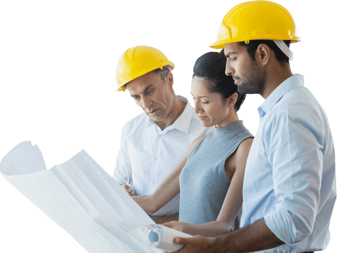 Transparent Background Architects Collaborating Over Blueprint