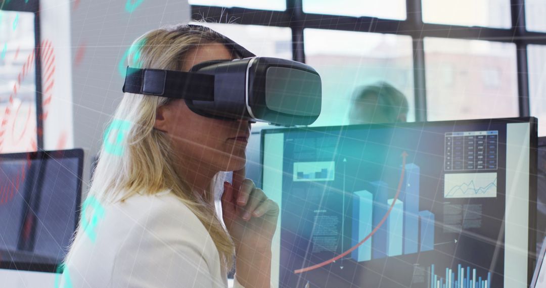 Businesswoman Using VR Headset for Data Visualization