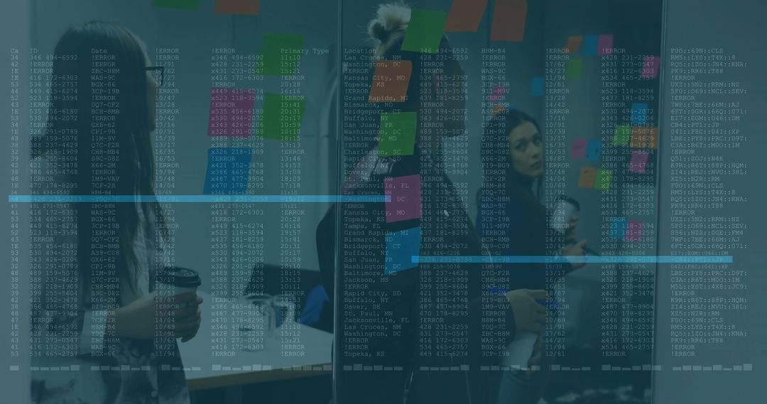 Tech Innovators Brainstorming with Digital Code Overlay