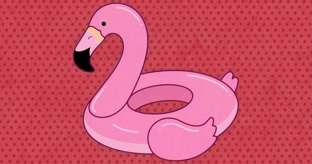 Cartoon Pink Flamingo Pool Float on Red Polka Dot Background