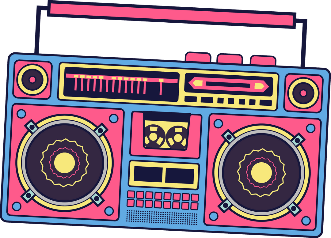Colorful Flat Design 1980s Boombox on Transparent Background