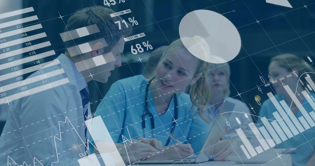 Doctors Collaborating with Digital Interface Graphics in Hospital