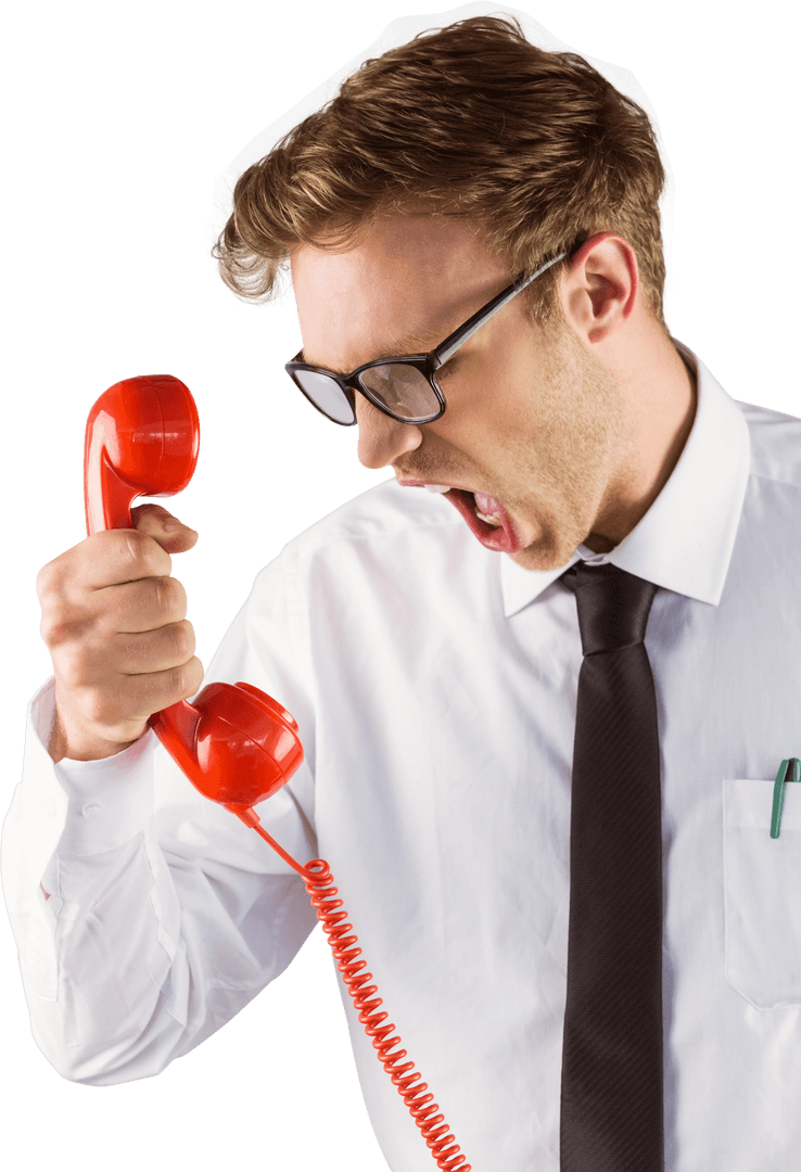 Angry Businessman Shouting at Red Retro Telephone Transparent