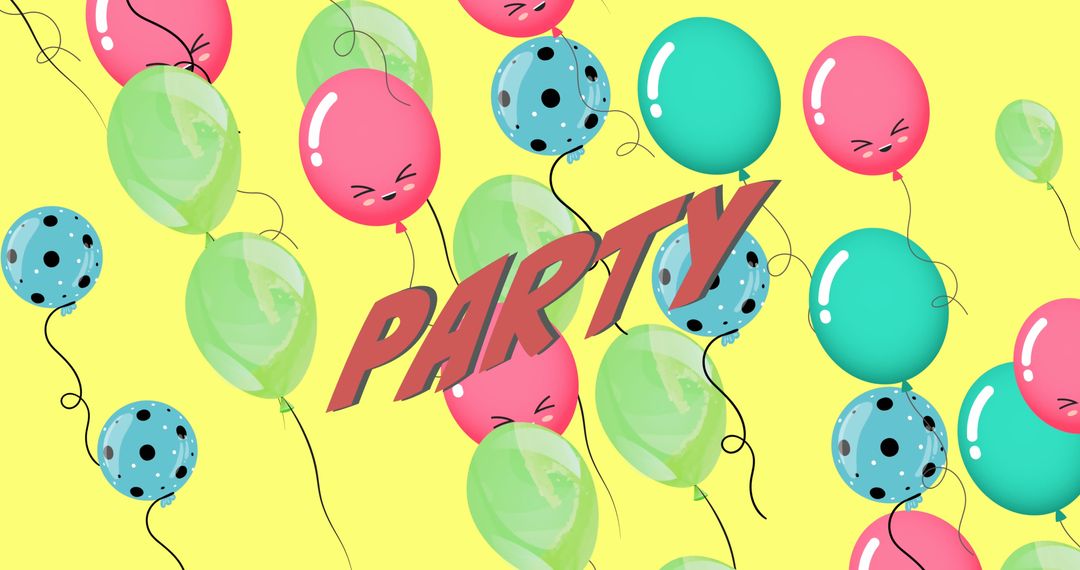 Colorful Balloons with Playful Party Text on Yellow Background