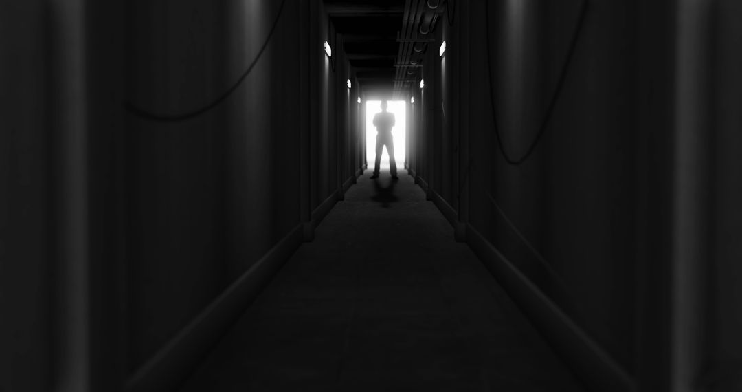 Mysterious Silhouette in Dimly Lit Corridor for Horror Concept