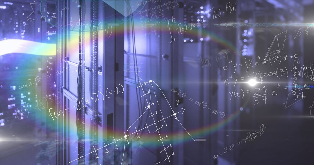 Mathematical Equations Overlay Server Room with Lens Flare