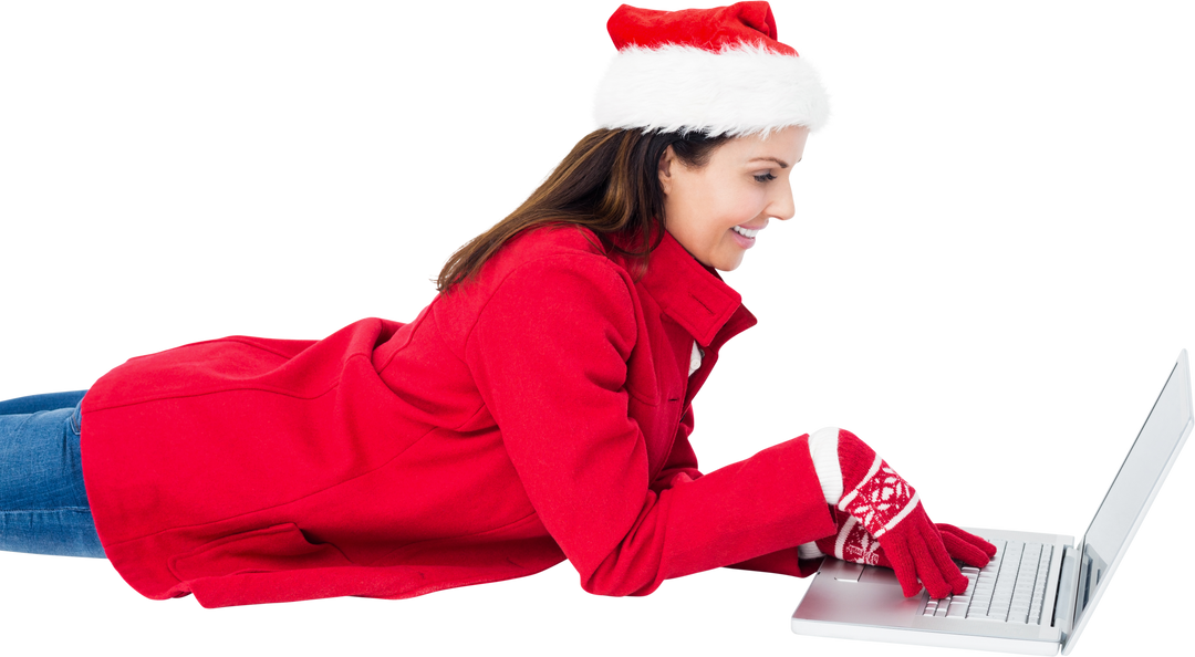 Brunette Woman in Santa Hat Lying on Floor Using Laptop, Transparent Background - Download Free Stock Images Pikwizard.com