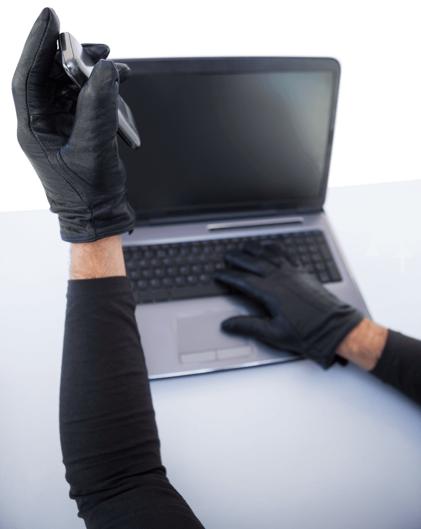 Caucasian Hacker Hands Using Smartphone and Laptop on Transparent Background