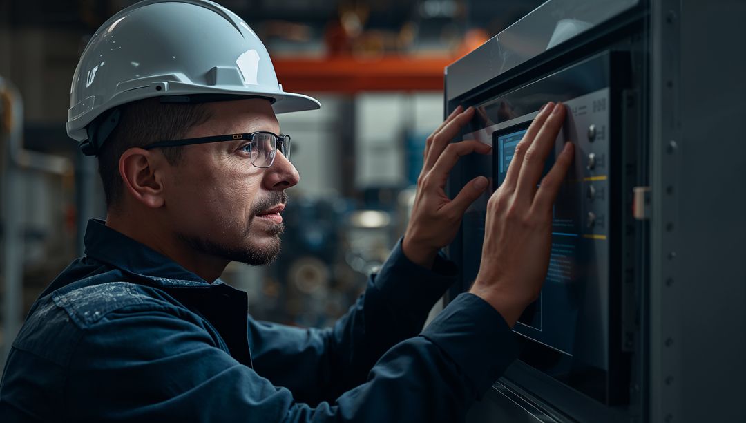 Industrial Worker Operating Touchscreen in Factory Setting