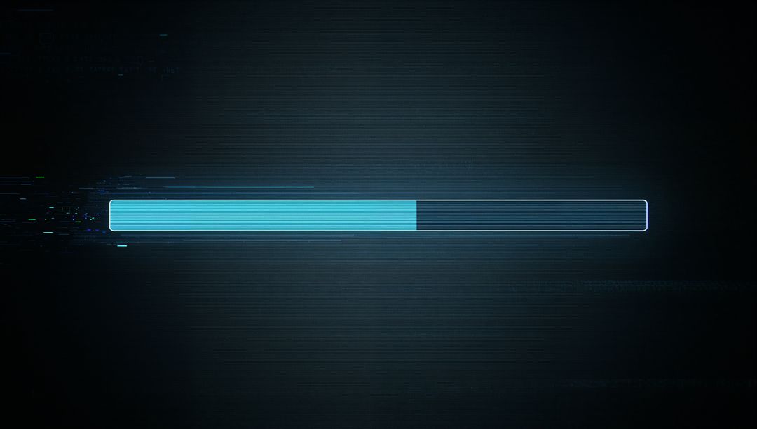 Neon Cyan Progress Bar Advancing Across Dark Futuristic UI with Pixelated Glitch Fragments