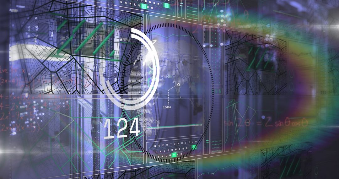 Futuristic Digital Interface with Circular Gauge Over City Skyline