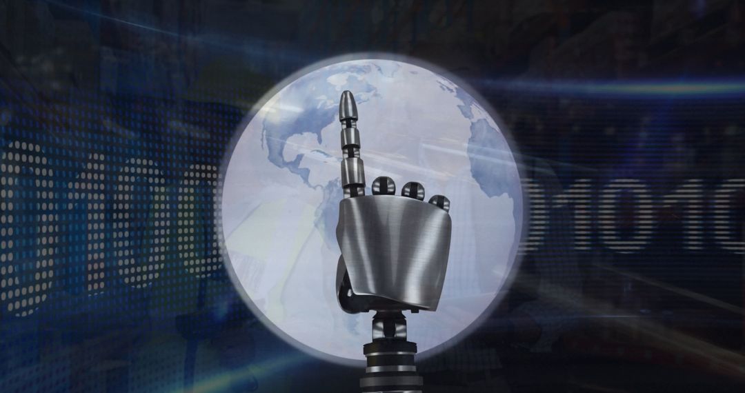 Robotic Hand Pointing at Digital Globe Concept