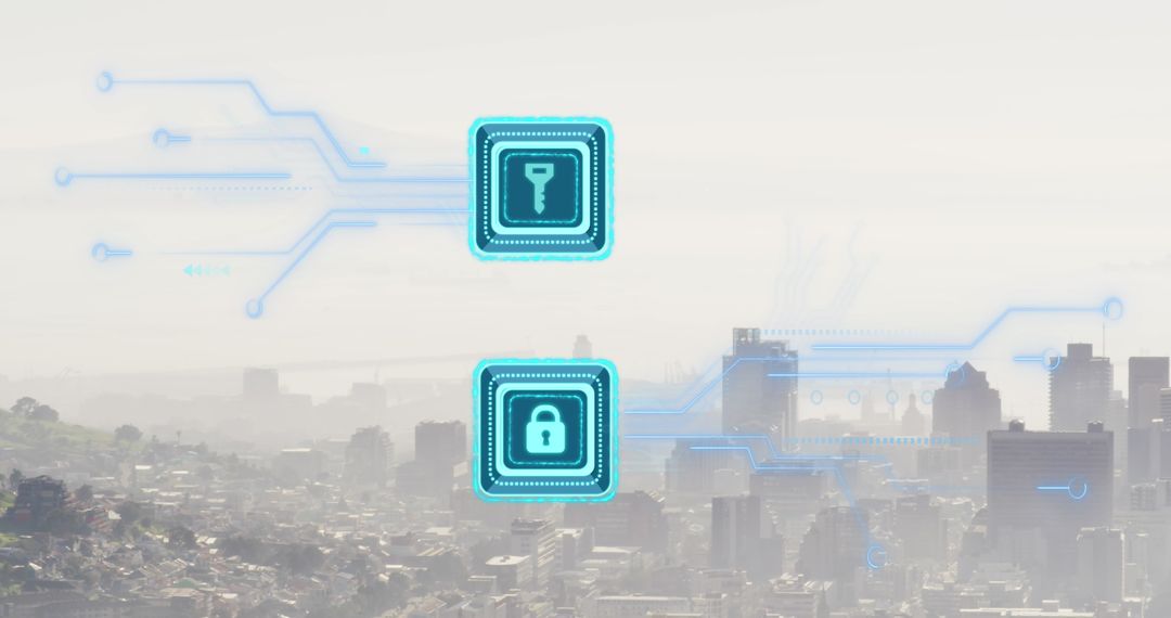 Cybersecurity Icons with Cityscape and Circuit Connections
