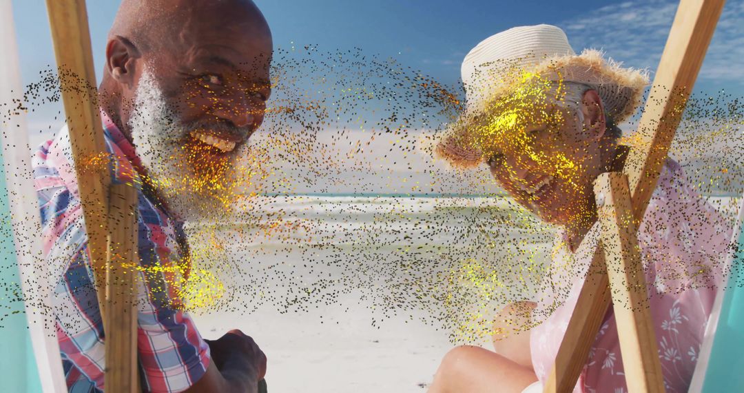 Smiling Senior Couple Enjoying Relaxing Beach Day with Sparkles