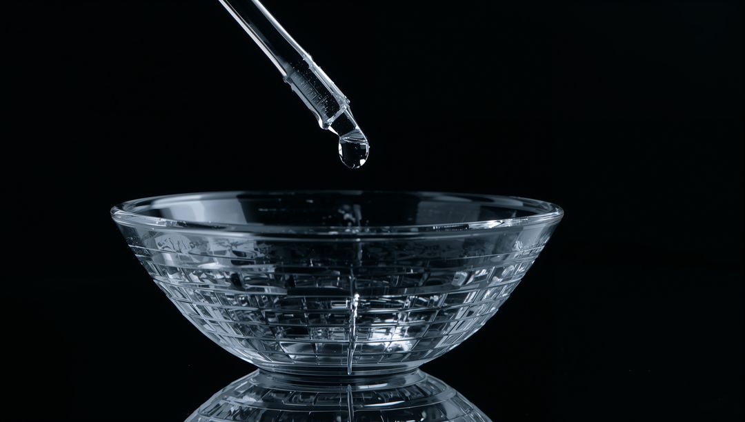 Precision Glass Pipette Droplet Falling into Patterned Bowl in Lab