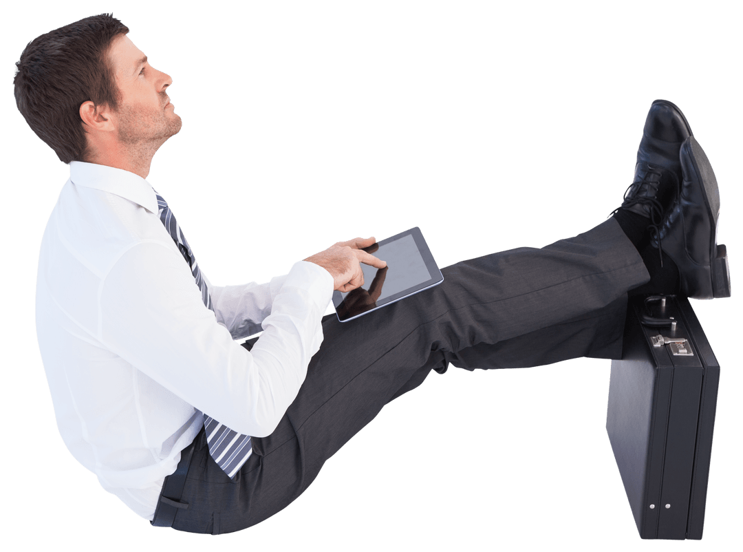 Businessman with Tablet Relaxing Using Transparent Style