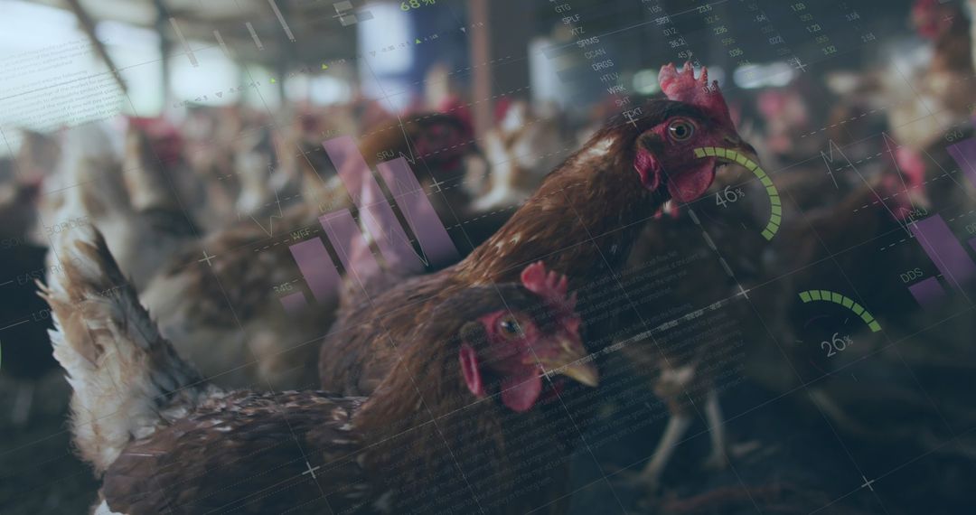 Chickens with Digital Data Overlay Representing Agriculture Analytics