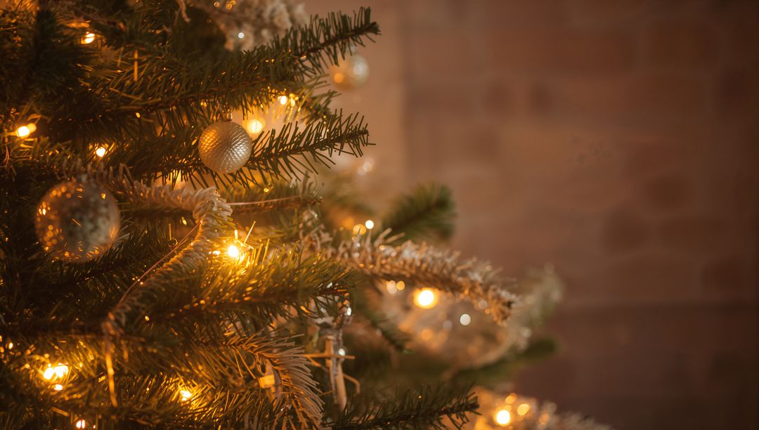 Warm Glowing Christmas Tree Branch with Gold Baubles and Twinkling Lights