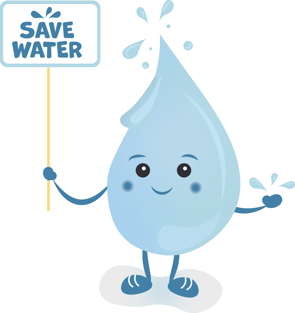 Smiling Water Drop Character with Save Water Sign on Transparent Background