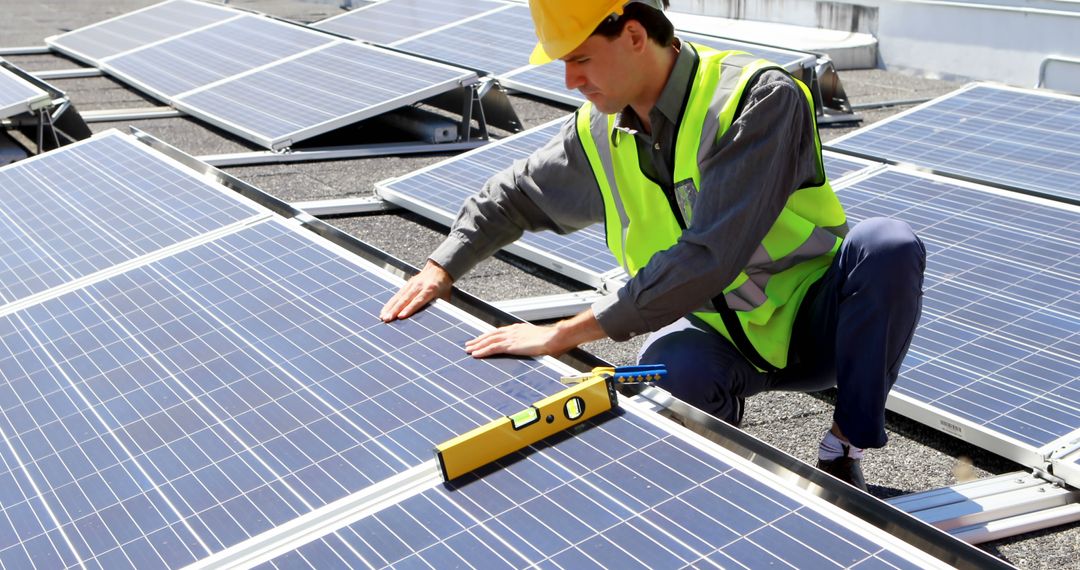 Engineer installing solar panels on rooftop with safety gear - Free Images, Stock Photos and Pictures on Pikwizard.com