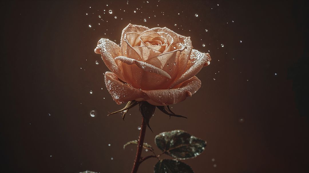 Peach Rose Bloom with Water Droplets in Artistic Light