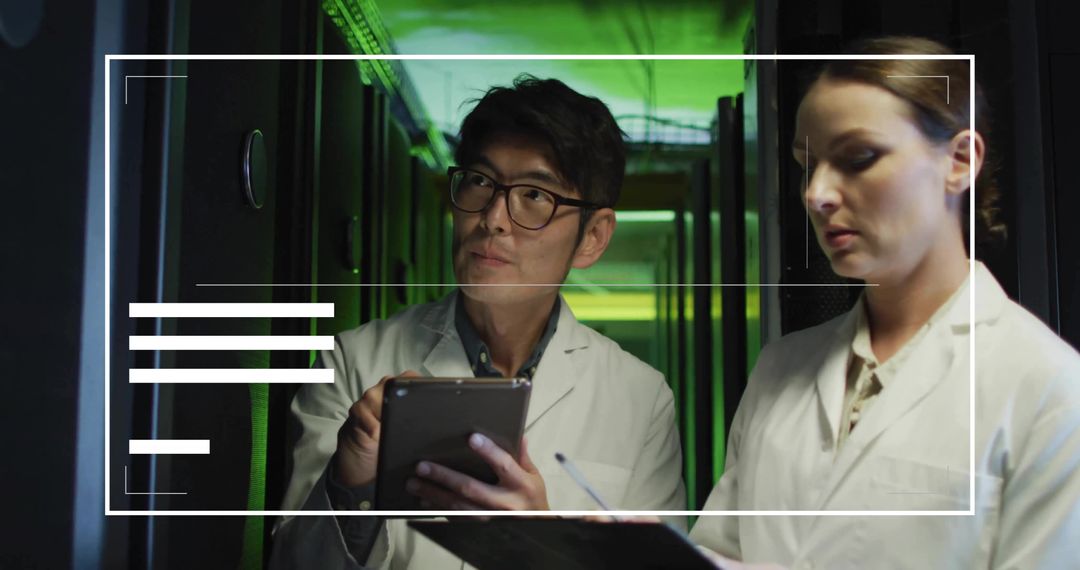 IT engineers inspecting server racks with tablet and clipboard in green-lit data center